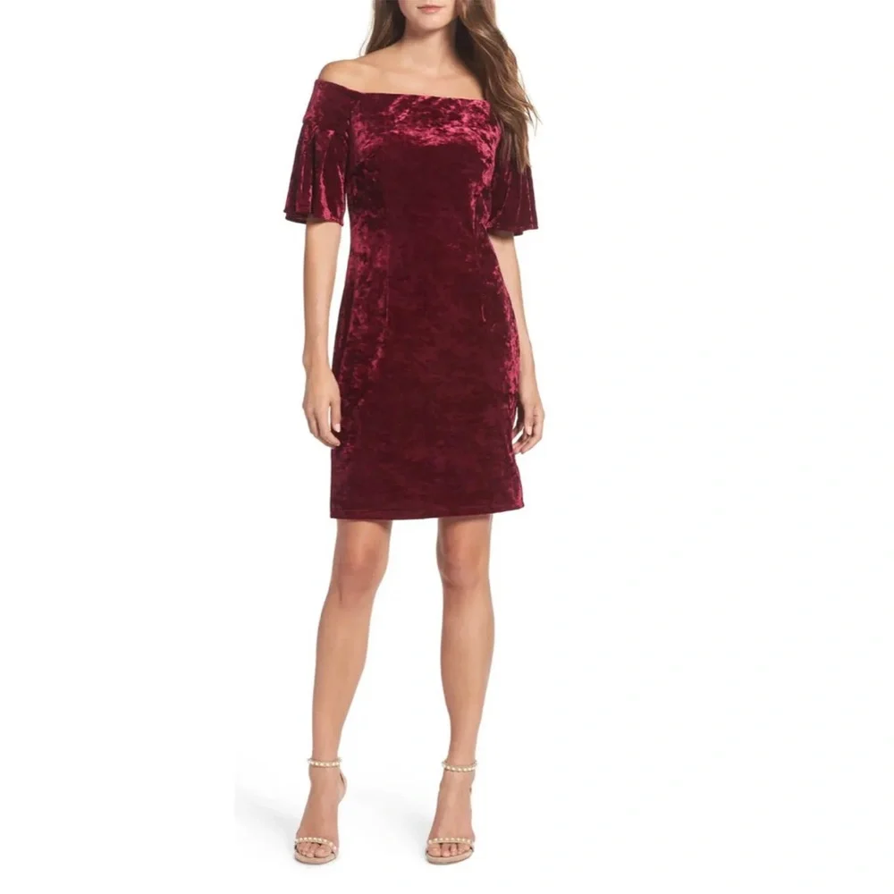 NWT Eliza J Burgundy Wine Crushed Velvet Off The Shoulder Dress, Size 2 - Picture 1 of 6